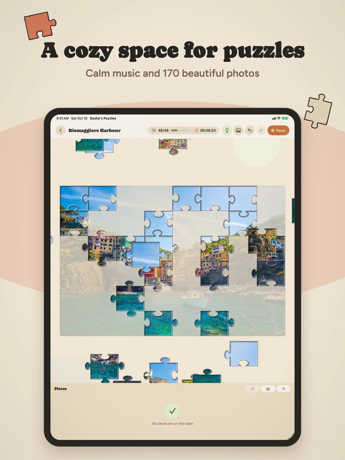 A cozy space for puzzles: a half-finished harbour picture on iPad