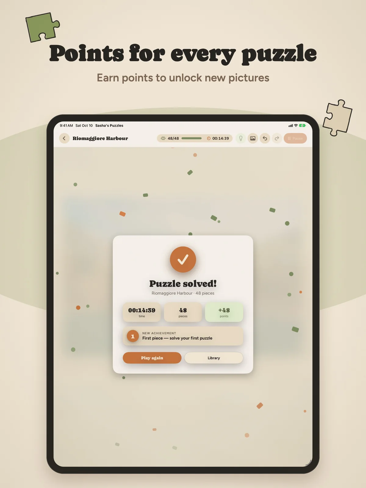 Points for every puzzle: the puzzle solved screen on iPad